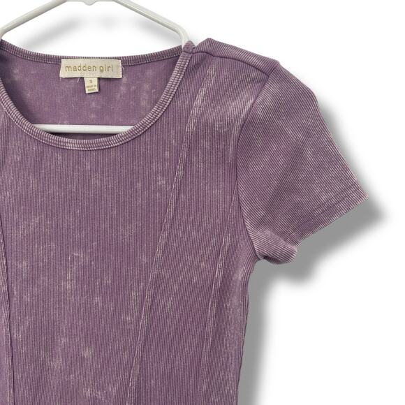 Madden Girl Purple fitted Dress Small ribbed Knit distressed acid wash short slv - Picture 4 of 7